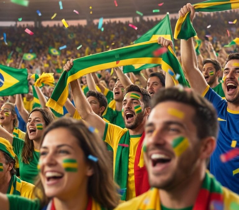 Torcida brasileira comemorando em estadio durante jogo da Copa do Mundo 2026