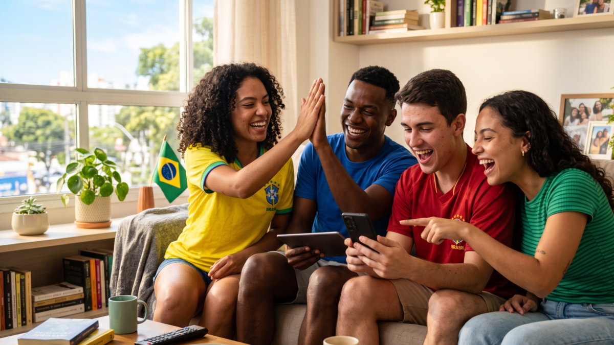 Amigos comemorando e aprendendo vocabulário de futebol em inglês assistindo jogo