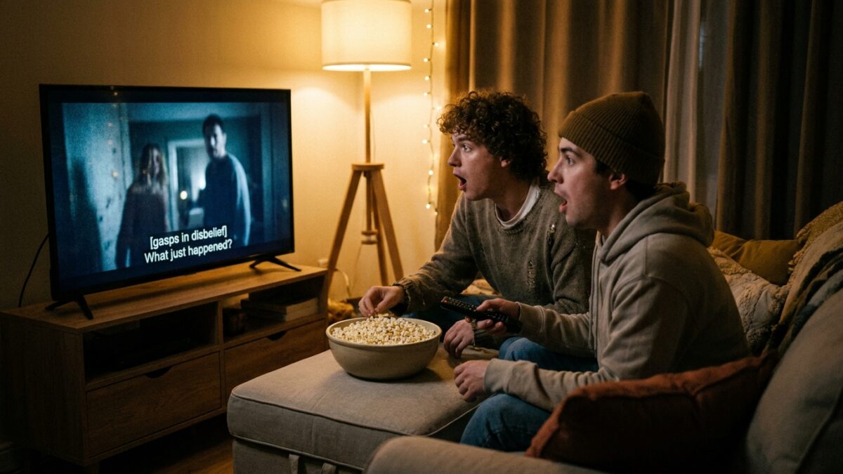 Dois amigos assistindo série com legenda em inglês no sofá, reagindo a um plot twist