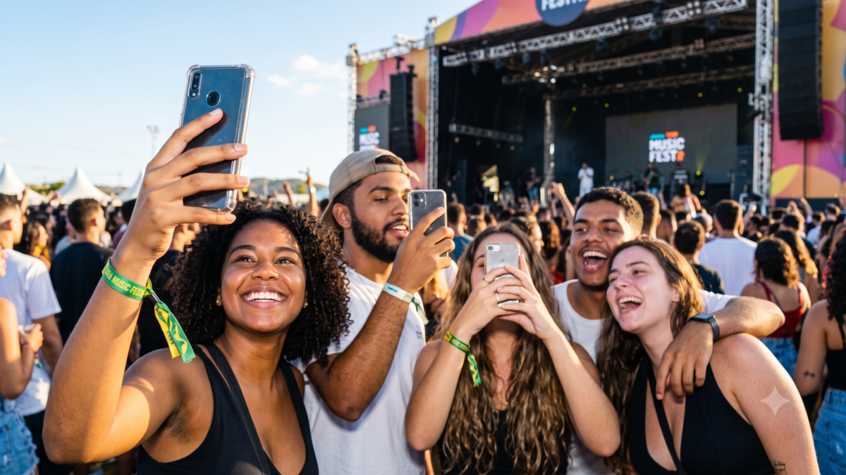 Grupo de fãs animados filmando com celular em show ao ar livre, com luzes coloridas de palco ao fundo