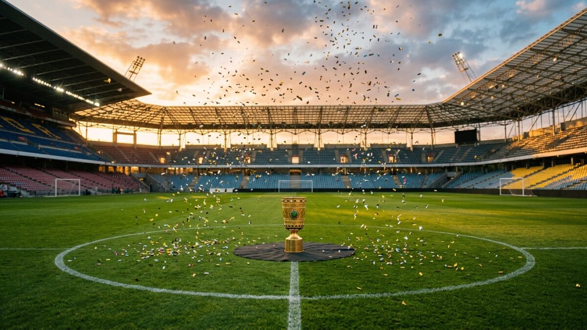 Estádio de futebol ao entardecer com taça de campeão no centro do gramado e confete no ar