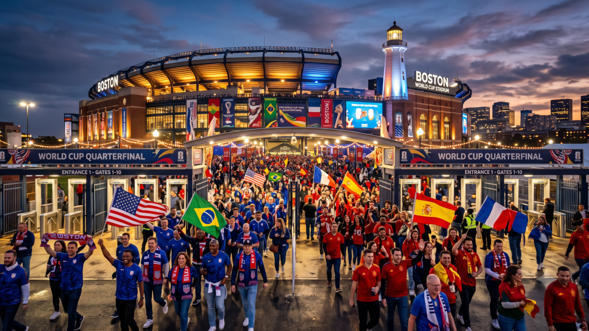 Portão de entrada do estádio em Boston durante a Copa do Mundo, jogo França x Marrocos