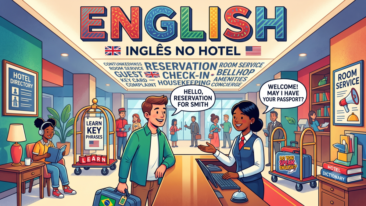 Turista fazendo check-in em hotel nos Estados Unidos, recepcionista entregando cartao-chave