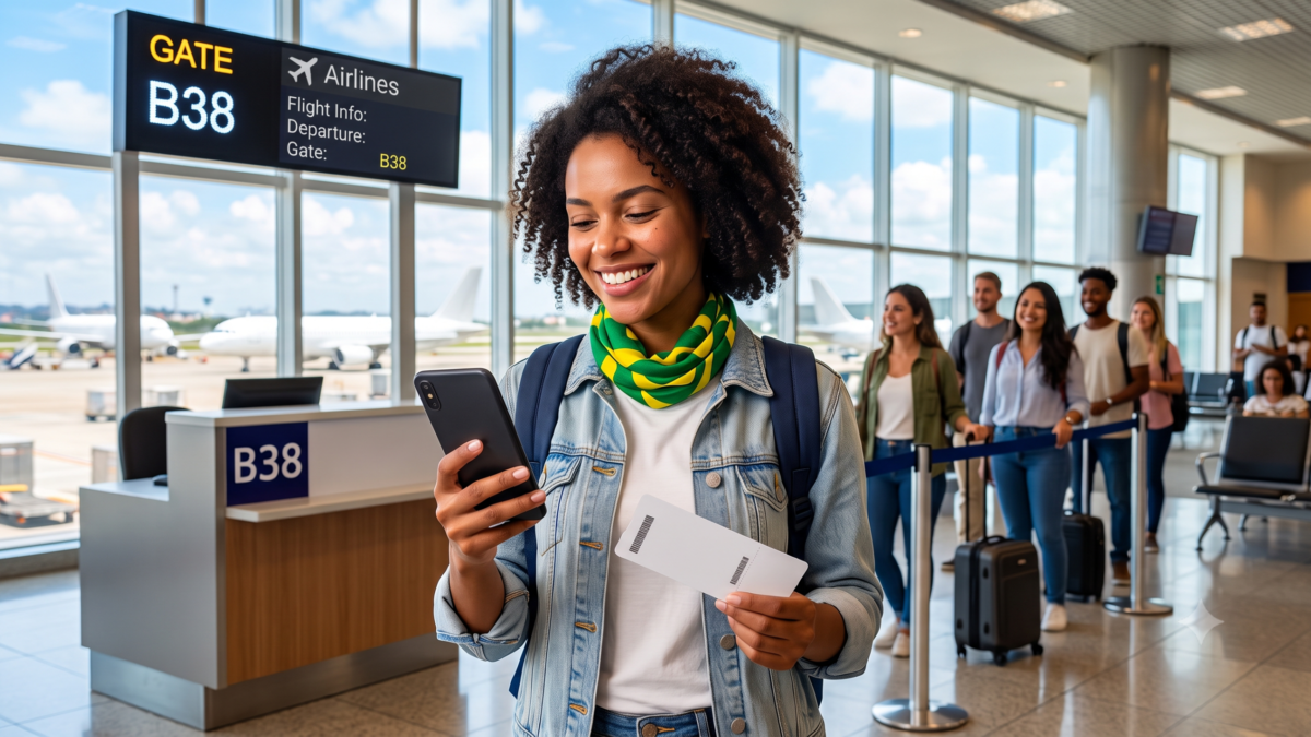 Viajante brasileiro sorrindo no aeroporto revisando frases essenciais de inglês