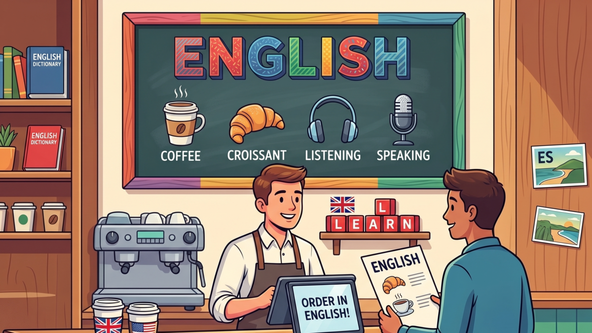Cliente pedindo cafe no balcao de uma cafeteria americana, barista atendendo com sorriso