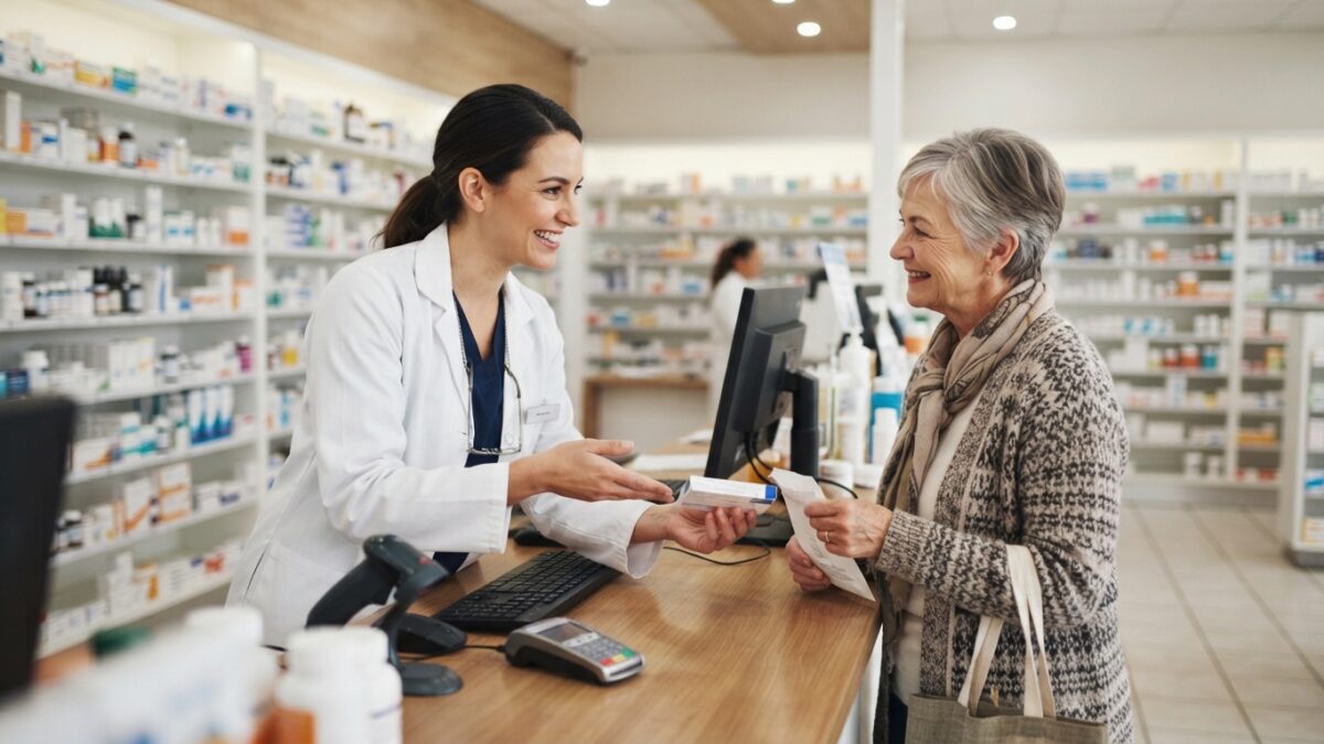 Farmacêutico de jaleco branco atendendo cliente com atenção em farmácia moderna
