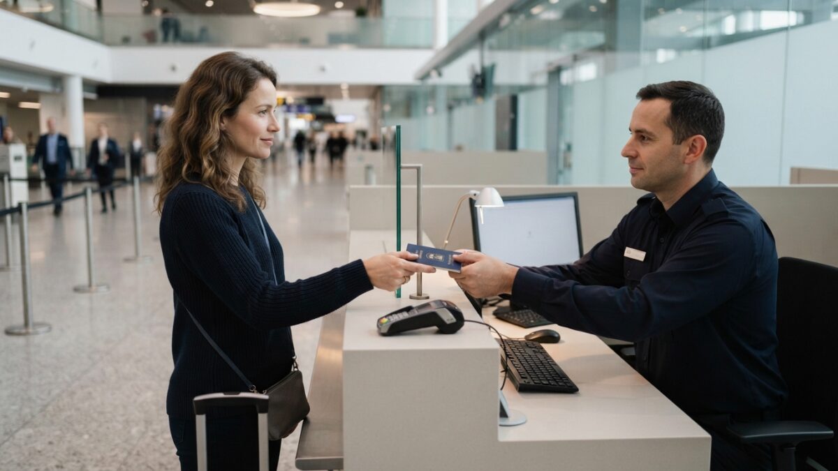 Viajante tranquilo entregando o passaporte ao oficial no balcão de controle de imigração do aeroporto