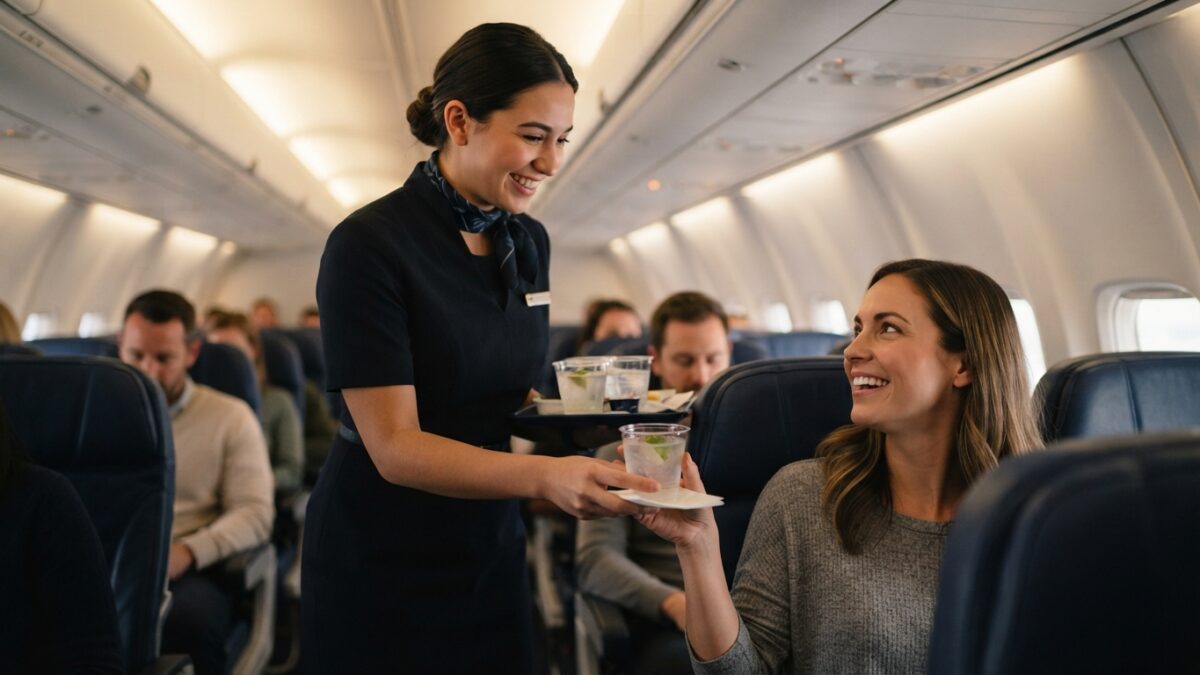 Comissária de bordo simpática servindo bebida a passageiro sorridente na cabine do avião
