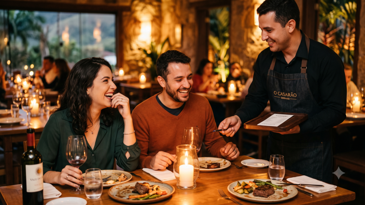 Garçom entrega a conta em uma bandeja para casal sorridente em mesa de restaurante à luz de velas