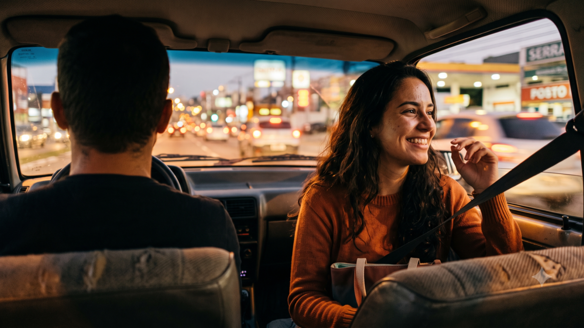 Mulher sorrindo no banco de trás de um carro olhando pela janela com luzes da cidade ao fundo