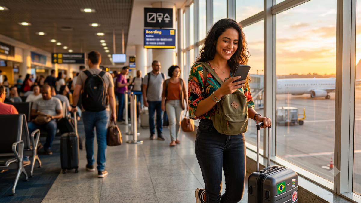 Mulher viajando sozinha sorri olhando o celular em um aeroporto, com mala de viagem e avião ao fundo