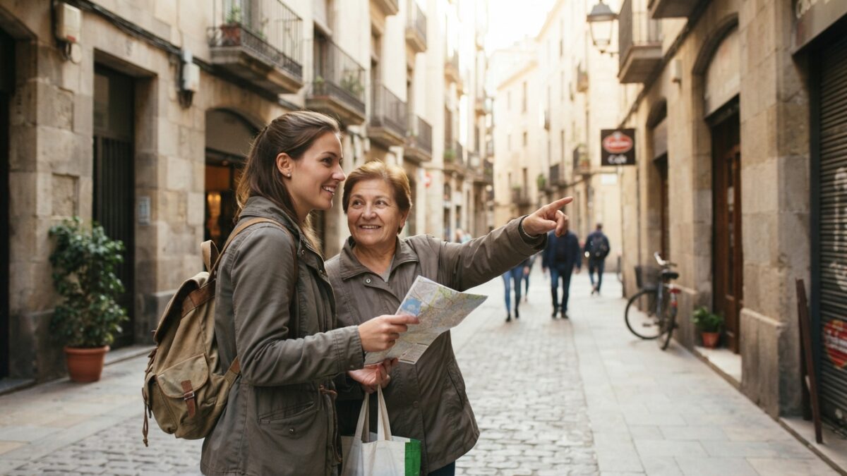 Turista de mochila pedindo informação a morador local que aponta a rua