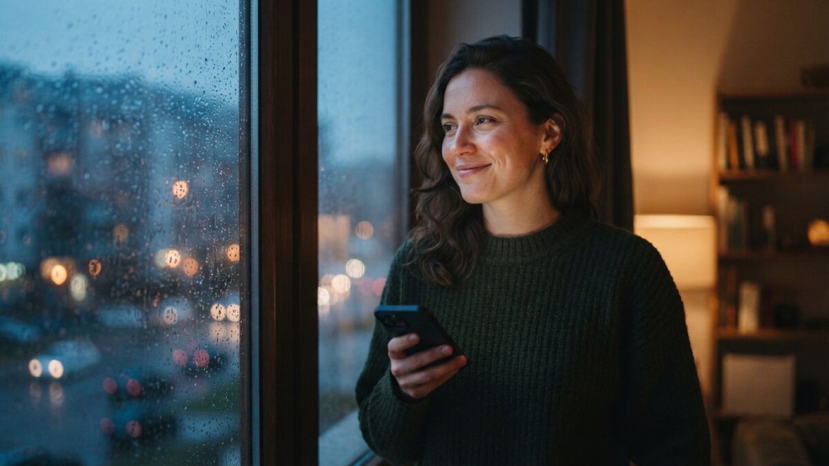 Jovem pensativa olhando o celular perto da janela com chuva ao entardecer