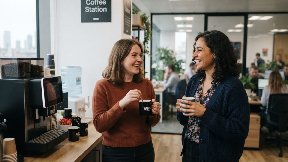 Dois colegas conversando descontraidamente perto da máquina de café do escritório