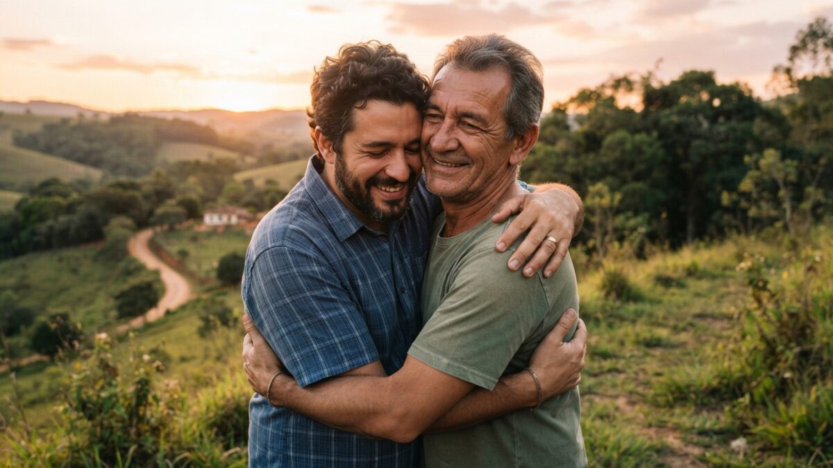 Pai e filho se abraçando ao pôr do sol