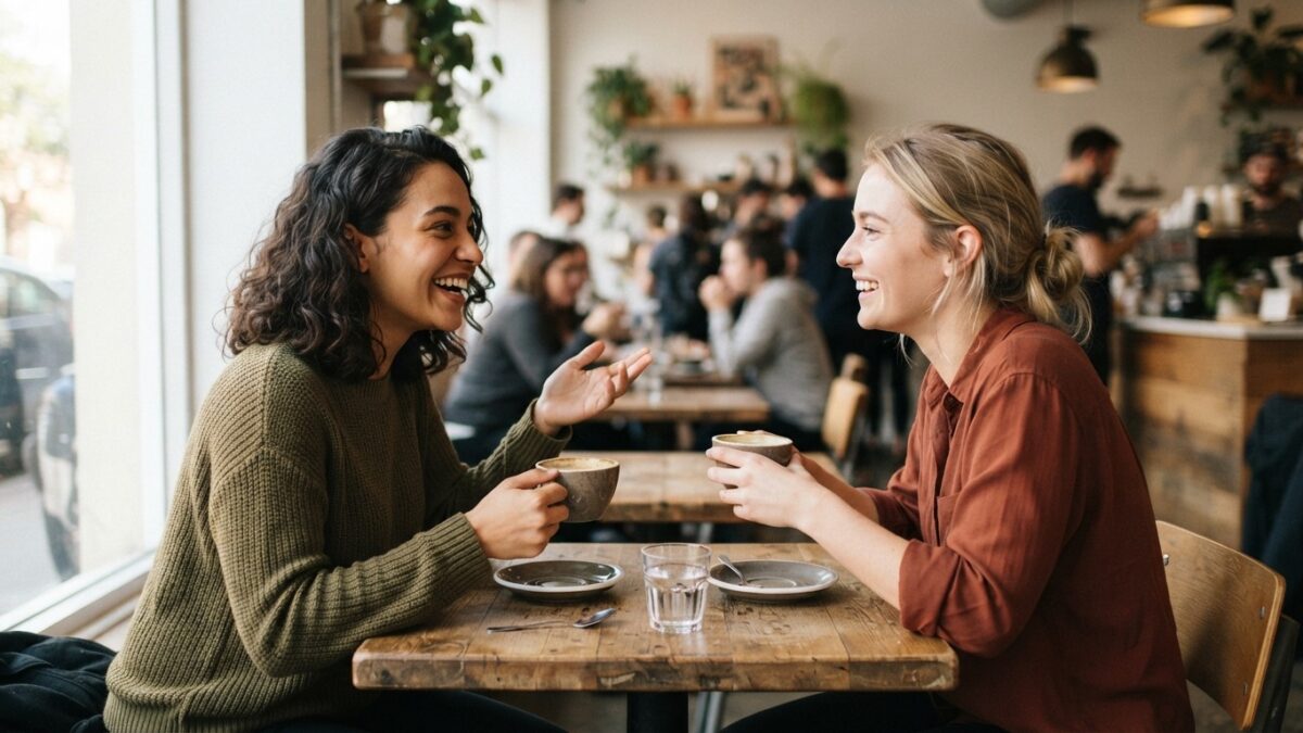 Duas mulheres conversando frente a frente na mesa de um cafe movimentado