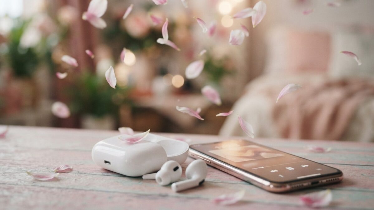 Pétalas cor-de-rosa caindo sobre fones de ouvido brancos e celular, clima de clipe musical