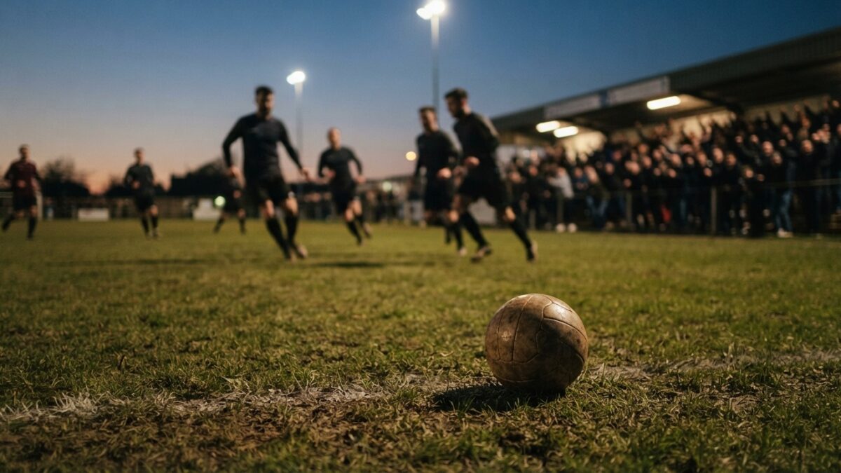 Bola de futebol em um campo amador ao entardecer, com jogadores desfocados ao fundo