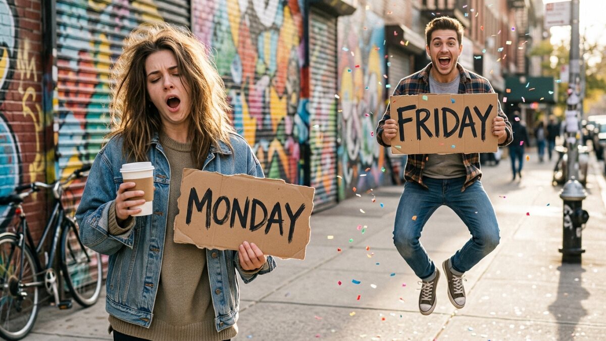 Mulher bocejando com café segurando placar MONDAY e homem pulando de alegria com placar FRIDAY em rua colorida