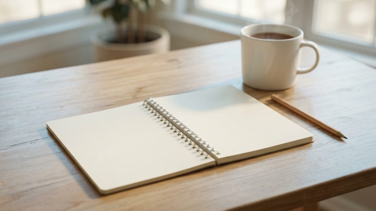 Caderno de espiral aberto sobre mesa de madeira, com lápis e xícara de café ao lado
